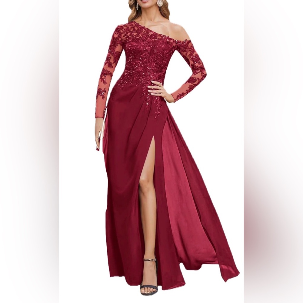 Elegant Burgundy One-Shoulder Dress sequins embellished gown